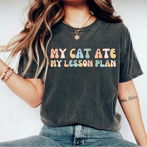 May include: A dark gray t-shirt with the text "My Cat Ate My Lesson Plan" in rainbow colors. The text is in a retro font style.