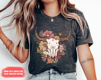 Boho Cow Skull Shirt, Country shirt, Wild west Shirt, Western Graphic Tee, Cowgirl Shirt, Bull Skull Shirt, Southwest Shirt Western Clothing