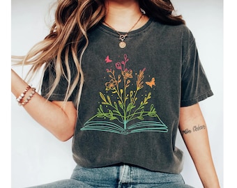 wildflower book shirt, book shirt, book lover shirt, reading shirt, book tshirt, reading teacher shirt, book shirts, bookish shirt rainbow