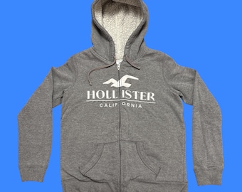 Hollister hoodie met sherpavoering en volledige ritssluiting middelgrote grijze groot logo warme winterfleece Y2K-stijl capuchon met zakken Californië