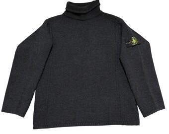 Vintage Stone Island Sweater Black High Neck Heavy Knit Wool Mens Jumper Knitwear Made in Italy Designer Clothes