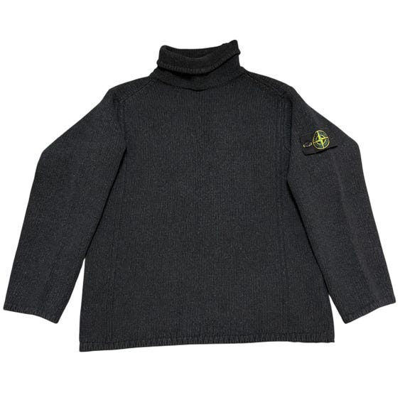 Vintage Stone Island Sweater Black High Neck Heavy Knit Wool Mens Jumper Knitwear Made in Italy Designer Clothes