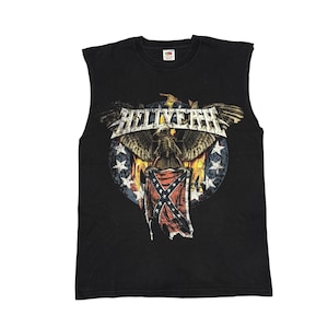 May include: Black sleeveless t-shirt featuring a distressed graphic. The graphic includes the word "HELLYEAH" above an eagle with outstretched wings, a Confederate flag, and a circle of stars and flames.