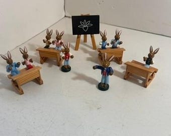 Vintage Erzgebirge Wooden Bunny School Classroom Set German Folk Art Easter