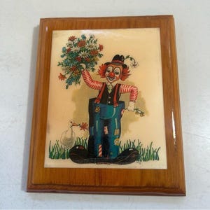 Vintage happy clown circus flowers balloons dog lacquered wood wall art hangings image 2