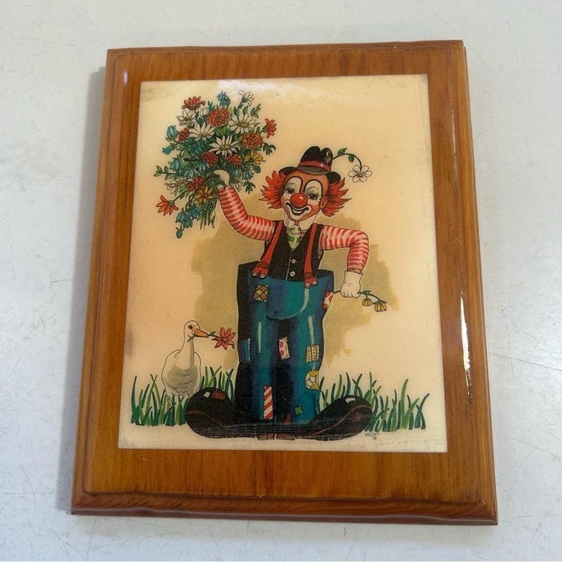 Vintage happy clown circus flowers balloons dog lacquered wood wall art hangings image 2