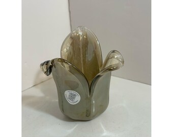 Vaso portacandele vintage in cristallo bianco di Murano, realizzato a mano in Italia.