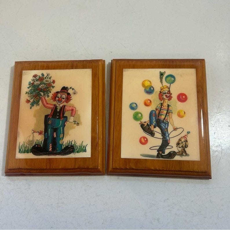 Vintage happy clown circus flowers balloons dog lacquered wood wall art hangings image 1