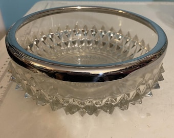 Vintage Fostoria American Crystal Heavy Cut Glass Bowl Rimmed With Silver