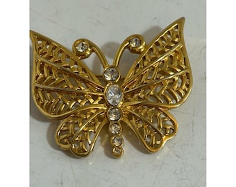 Vintage gold coloured butterfly brooch with clear gem stone accents