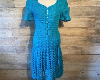 EUC Vintage Handcrafted Crocheted Lined Fit & Flare Blue Dress Size Small