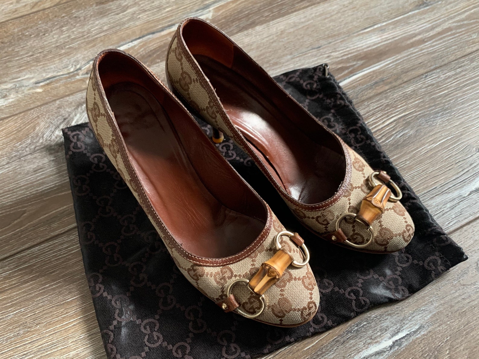 Gucci Womens Pumps Heels Shoes GG Monogram Logo Beige Bamboo Etsy