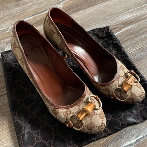 Gucci Womens Pumps Heels Shoes GG Monogram Logo Beige Bamboo | Etsy