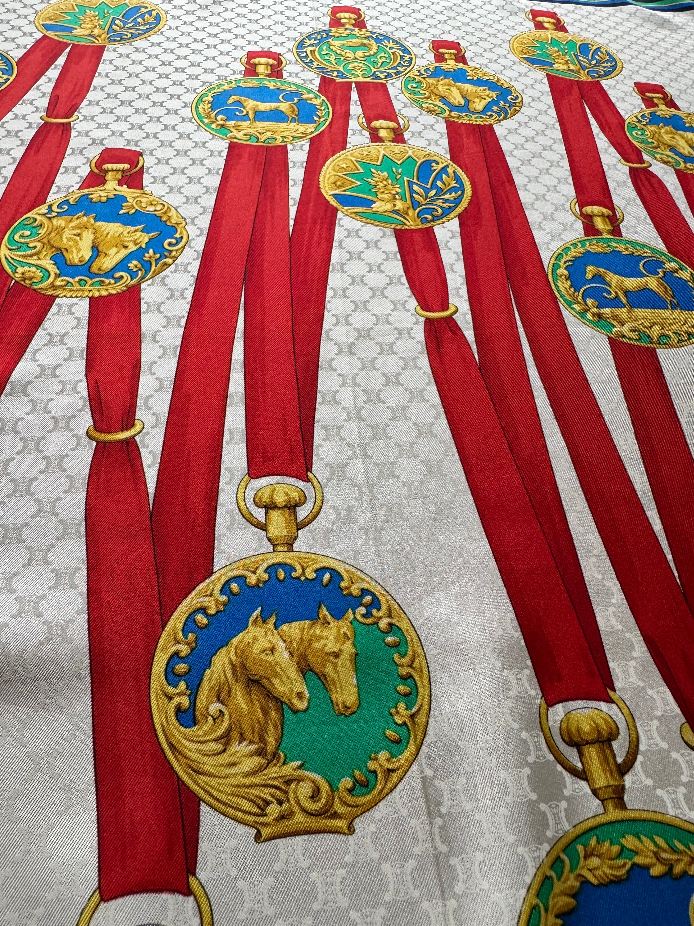 CELINE Paris Jacquard Silk Scarf Blue Red GOLD Medal Rare 