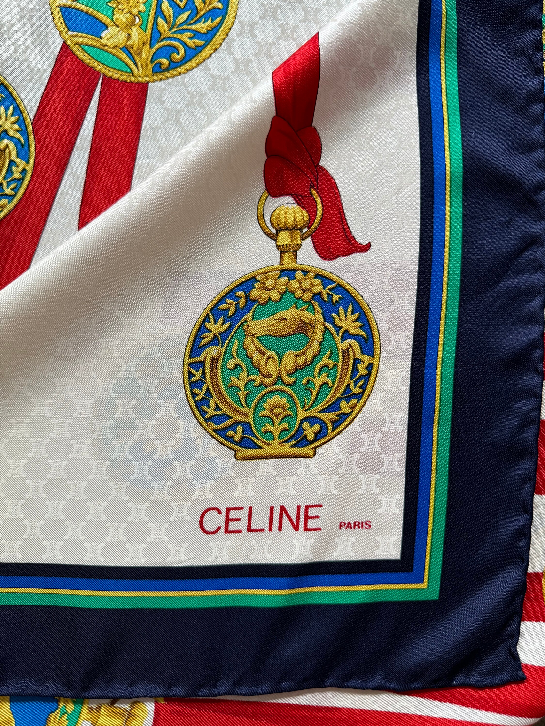 CELINE Paris Jacquard Silk Scarf Blue Red GOLD Medal Rare  display picture 3
