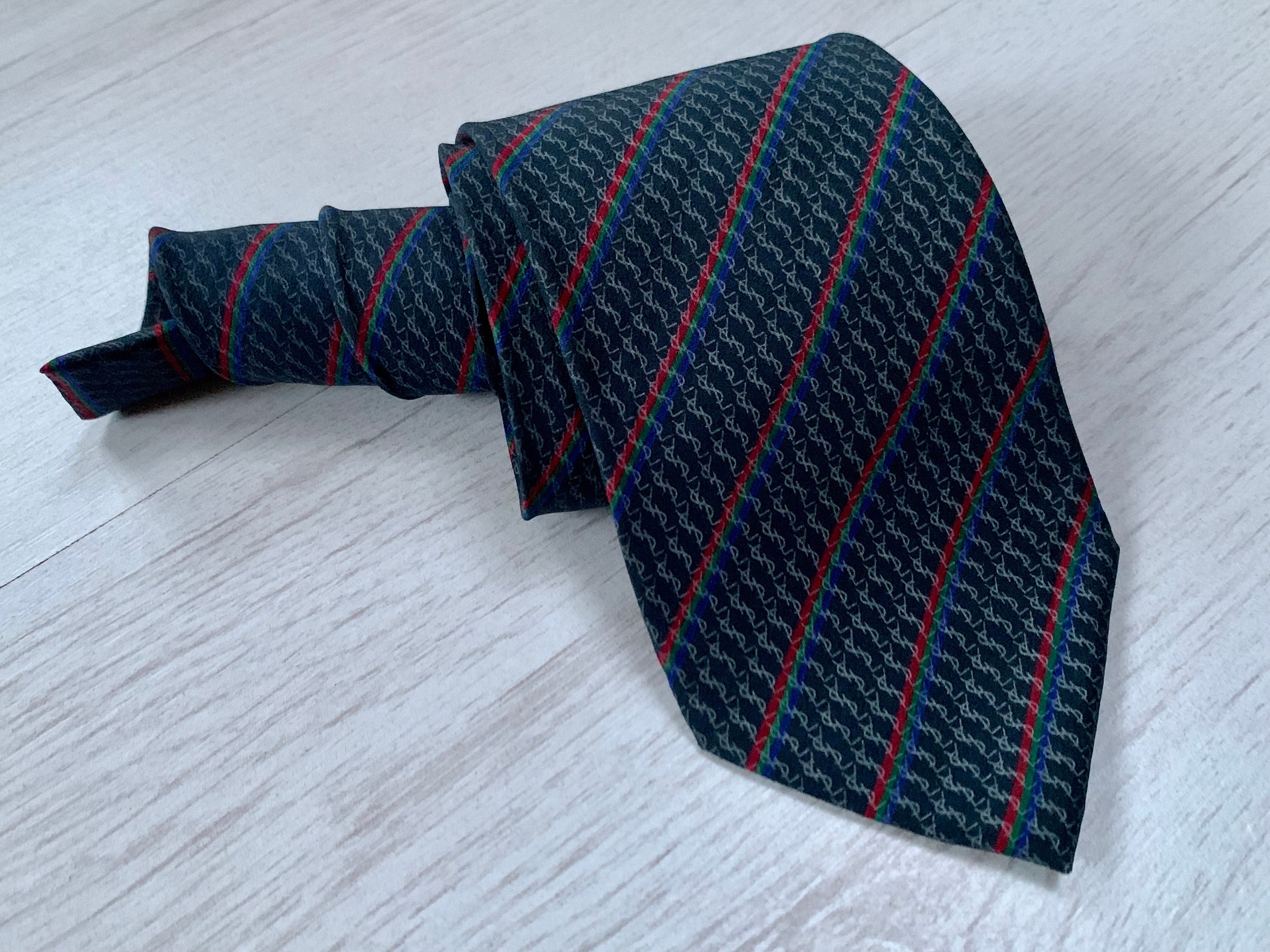 Ysl Necktie Rabbit Yves Saint Laurent YSL Silk Tie Logo Monogram Necktie Blue Striped AUTH ...