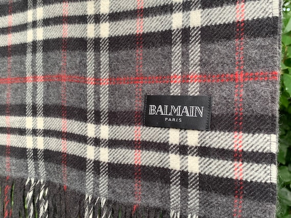 BALMAIN Paris Wool Cashmere Scarf Shawl Grey Chec… - image 8