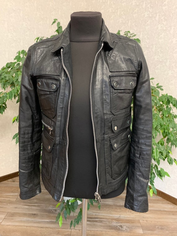 All Saints Mens Leather Jacket Blazer Black Zip si