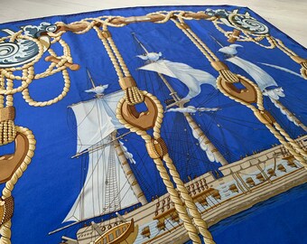 Hermes Silk Scarf Blue Tribord BY JULIA ABADIE 1968 Vintage