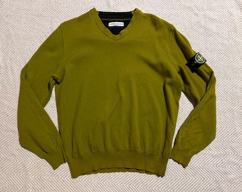 Stone Island Mens V Neck Wool Sweater Jumper Pullover Mustard Yellow Vintage Size M