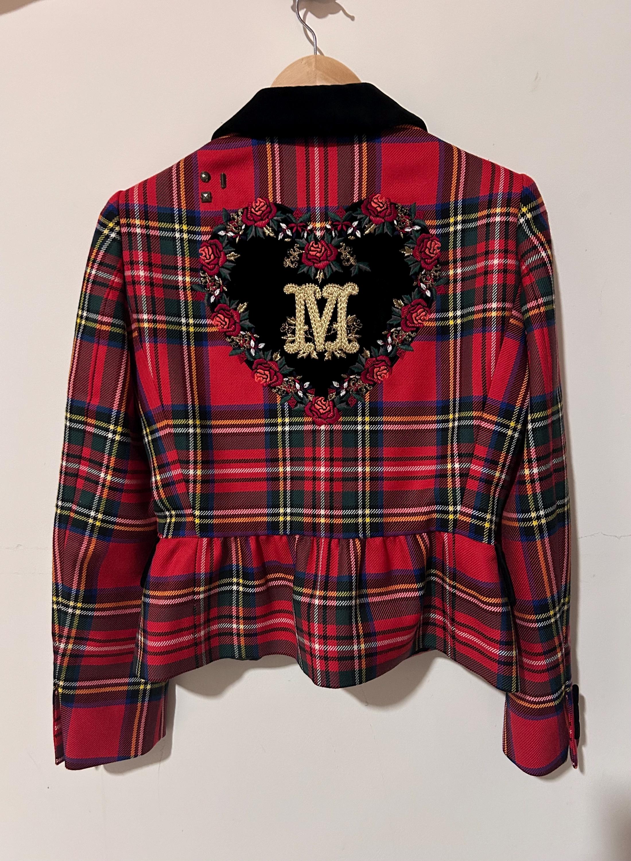 Vintage MOSCHINO Red Tartan Wool Blazer, Velvet Detail, Size USA 8
