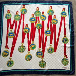 CELINE Paris Jacquard Silk Scarf Blue Red GOLD Medal Rare Vintage