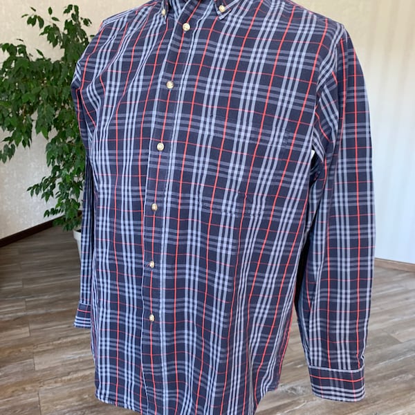 Vintage Burberrys Dress Shirt: Nova Check Blue Cotton, Size L
