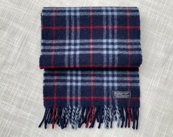 BURBERRY Wool Scarf Shawl Nova Check Vintage Blue Made in