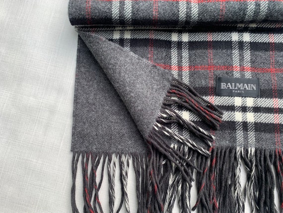 BALMAIN Paris Wool Cashmere Scarf Shawl Grey Chec… - image 2