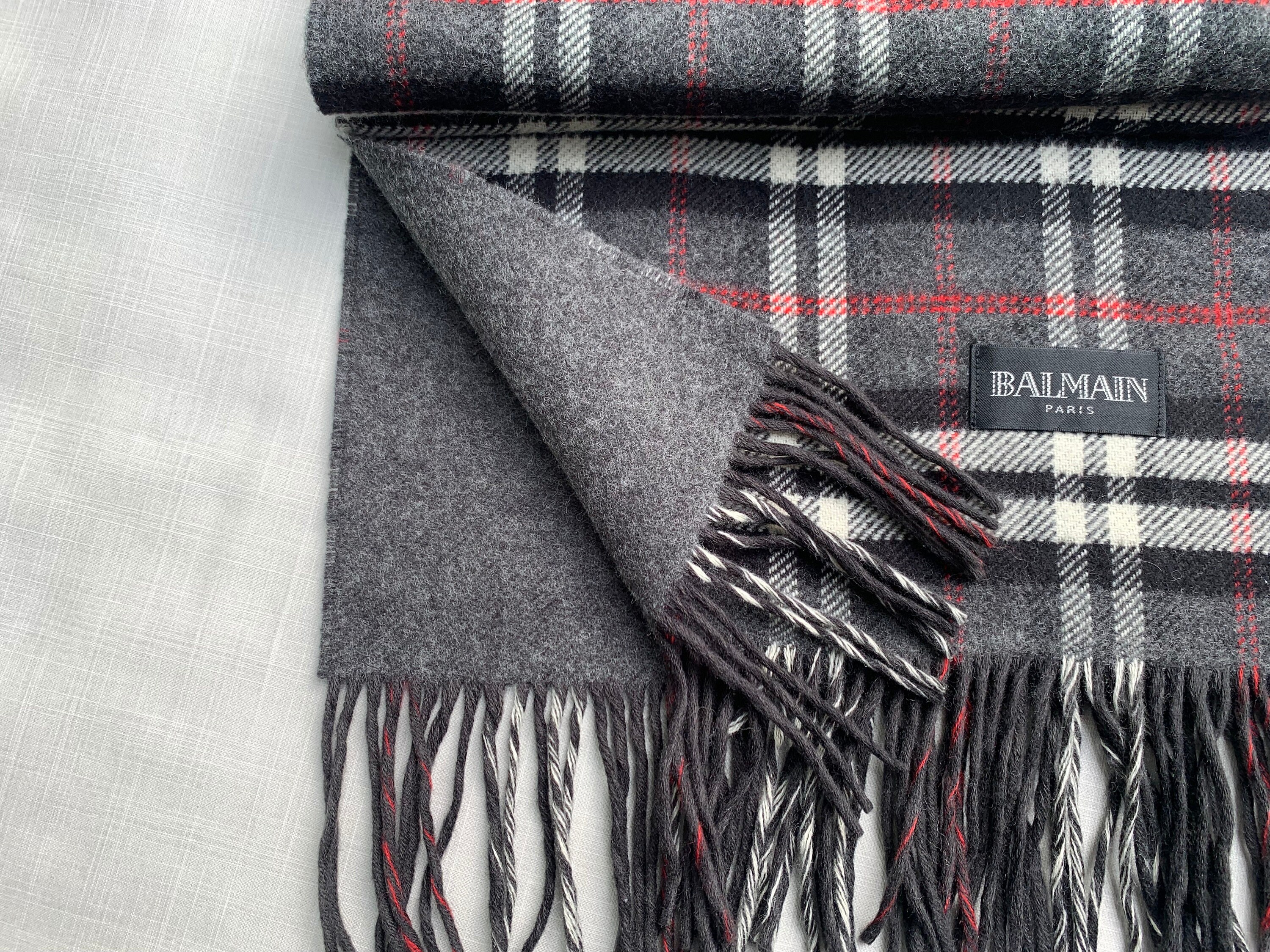 Buy BALMAIN Paris Wool Cashmere Scarf Shawl Grey Check Vintage