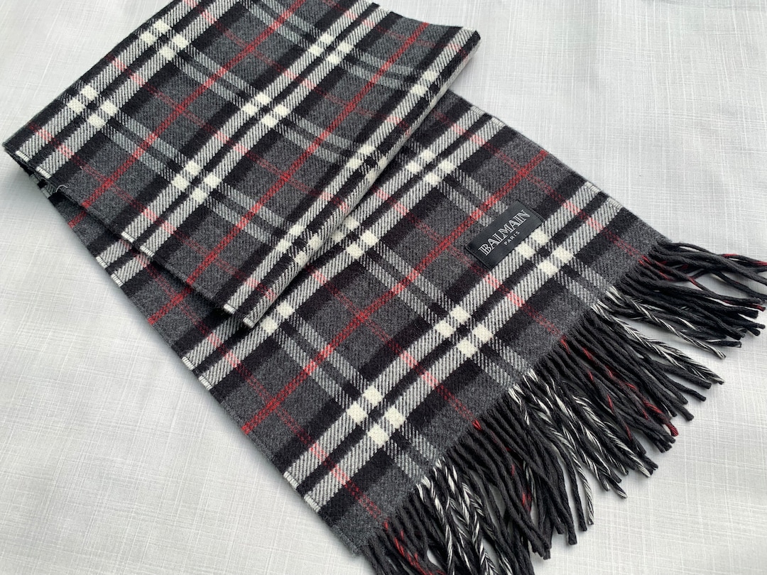 Buy BALMAIN Paris Wool Cashmere Scarf Shawl Grey Check Vintage