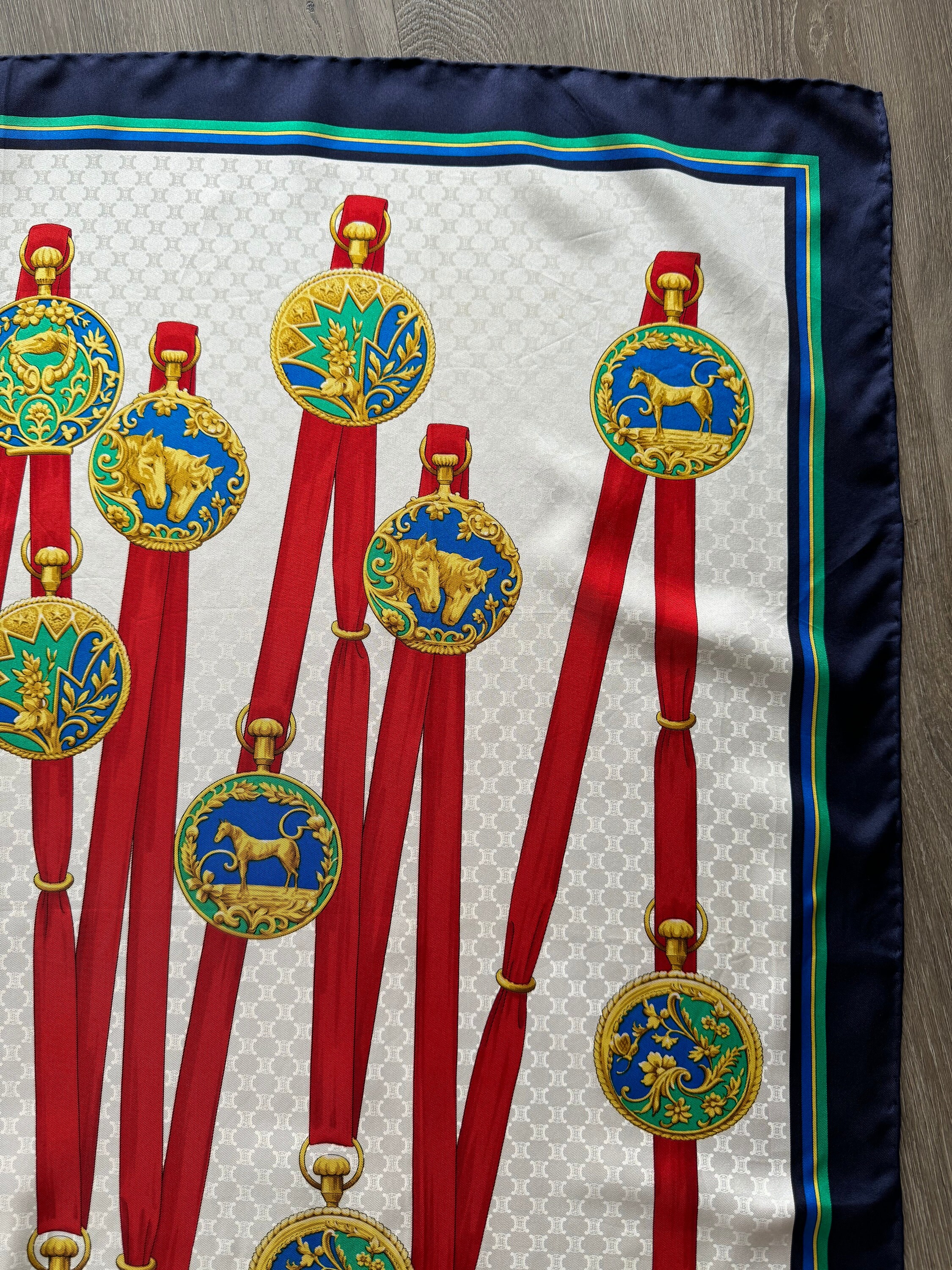 CELINE Paris Jacquard Silk Scarf Blue Red GOLD Medal Rare  display picture 1