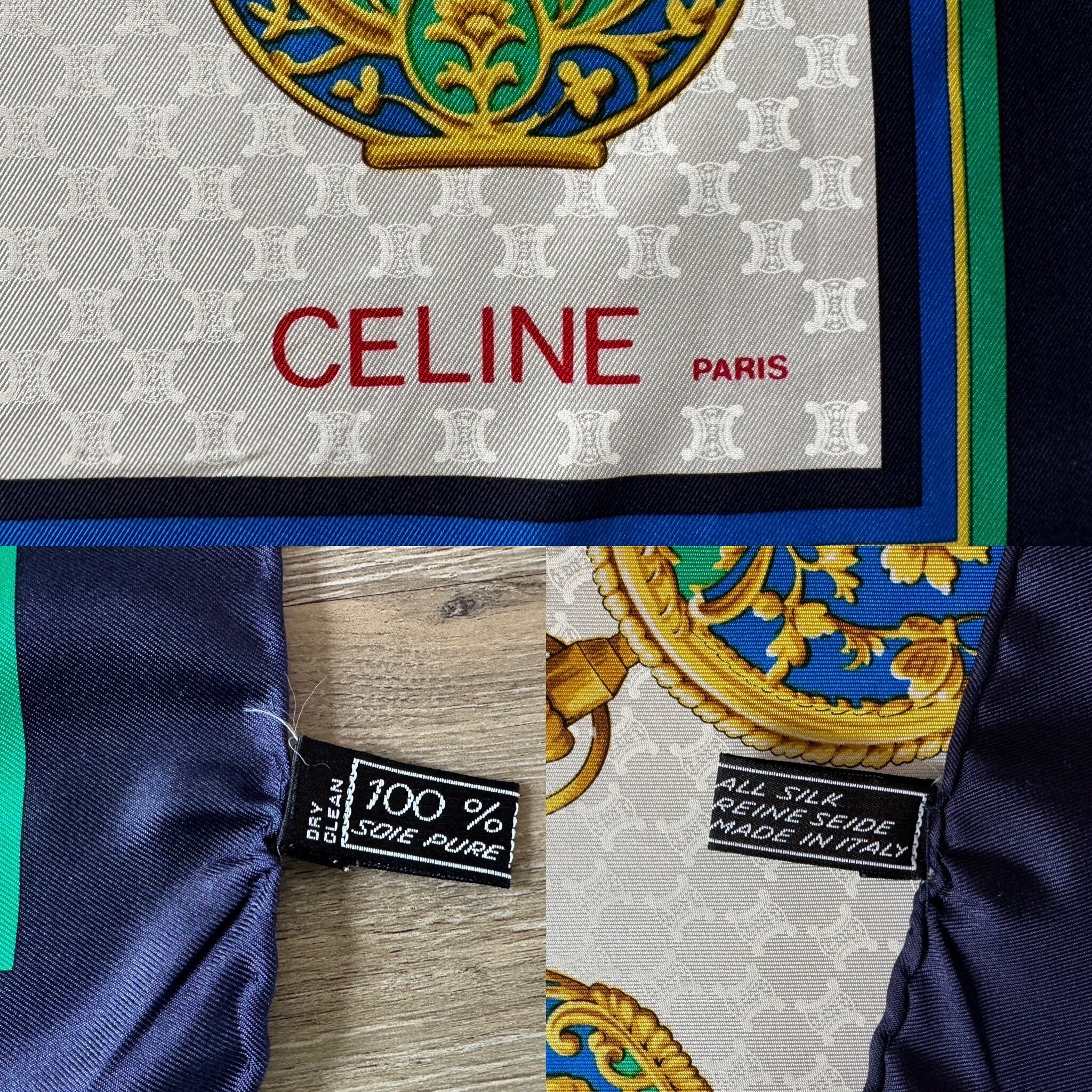 CELINE Paris Jacquard Silk Scarf Blue Red GOLD Medal Rare 