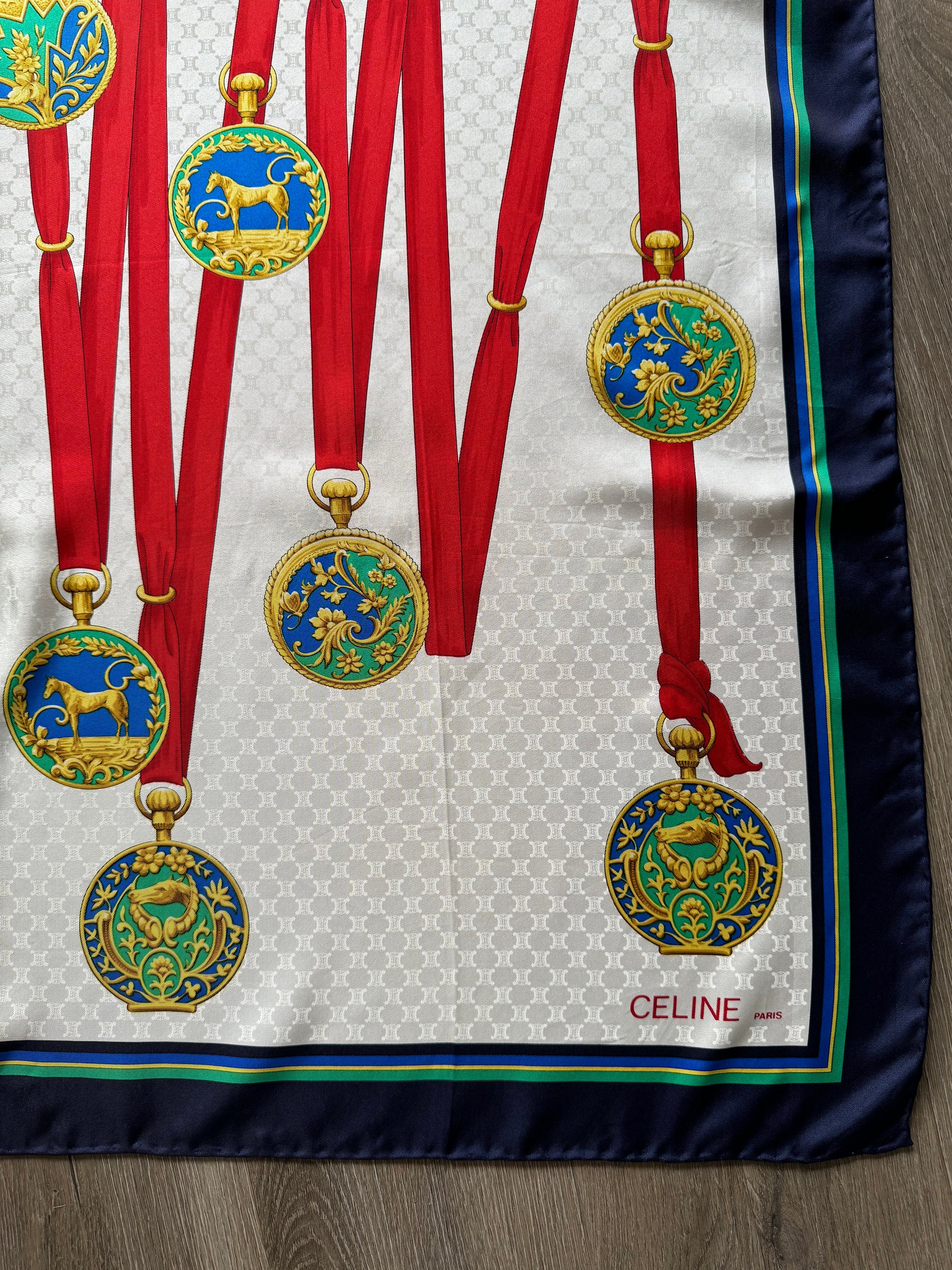 New Celine cotton Scarf with Red and Navy Medal Motif CELINE Paris Jacquard Silk Scarf Blue Red GOLD Medal Rare  main image 2