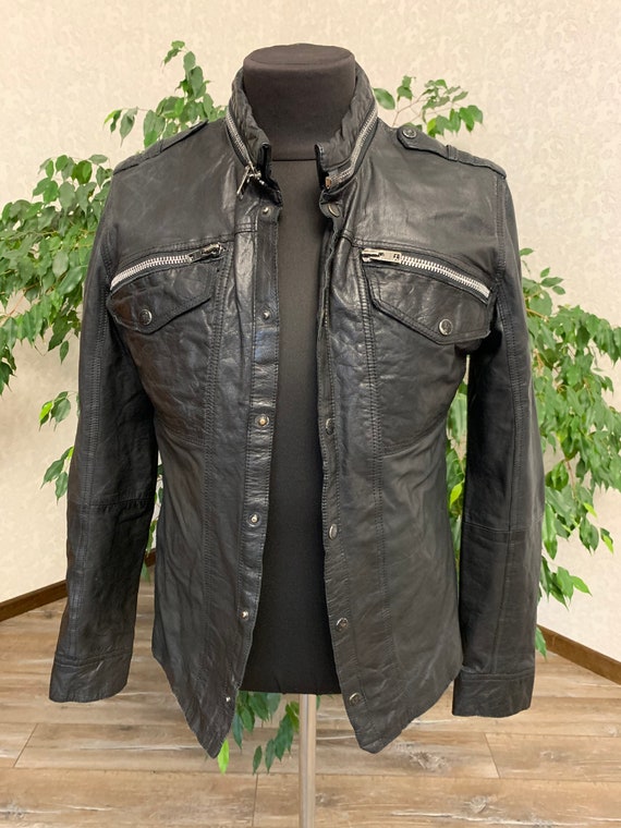All Saints Mens Leather Jacket Blazer Black size L