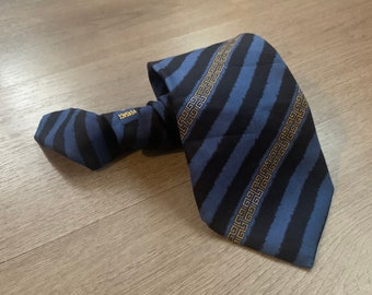 Gianni Versace Silk Tie Striped Blue Black Rare Vintage AUTH