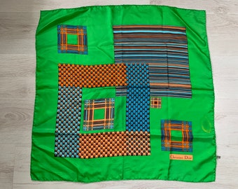 Christian Dior Silk Scarf Green Squares Vintage AUTH