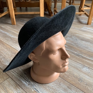 Mossant Fedora Hat Black 100% Wool AUTH Round Slouchy Wide Birm Vintage Size 57 cm M