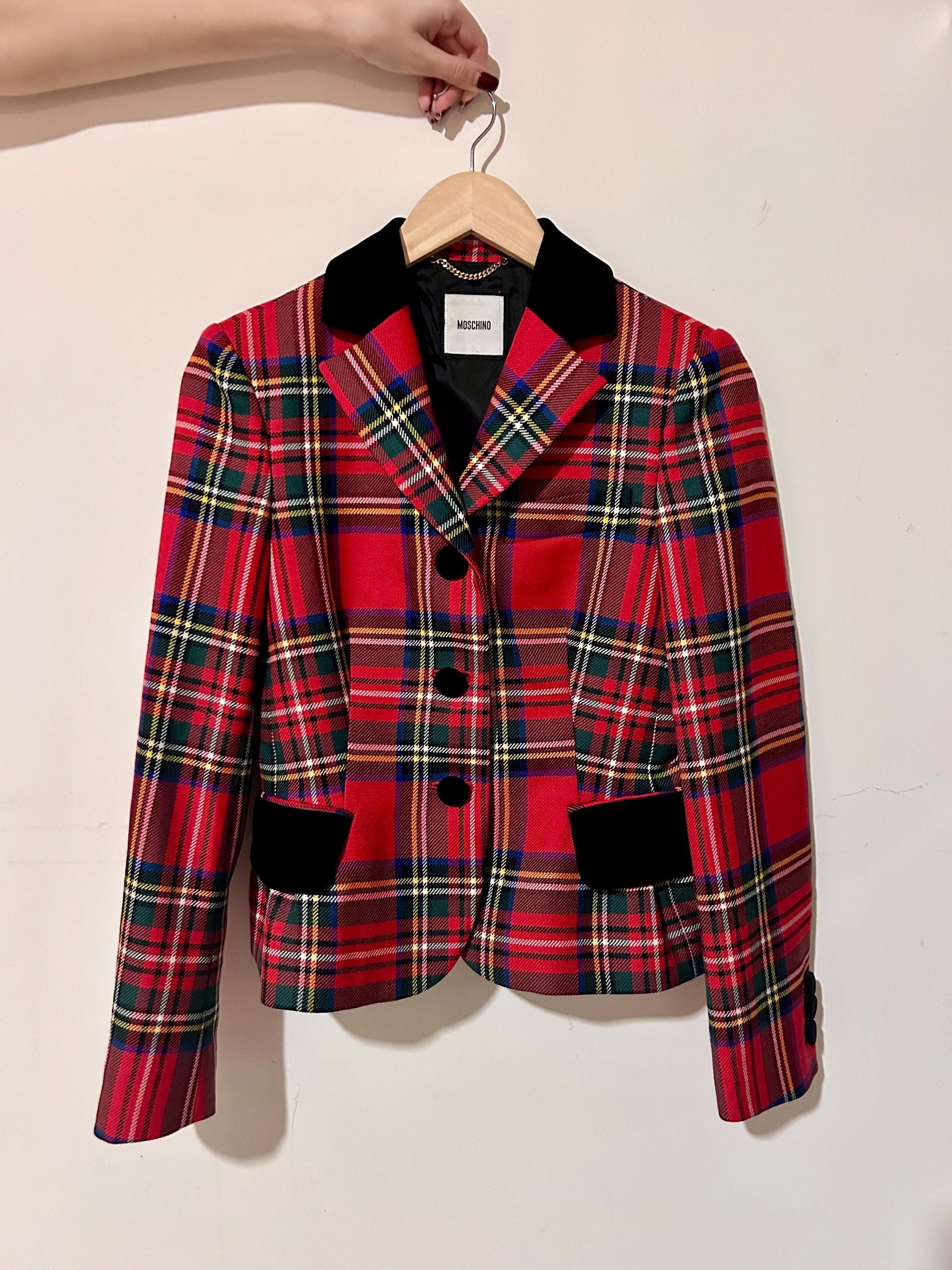 Vintage MOSCHINO Red Tartan Wool Blazer, Velvet Detail, Size USA 8