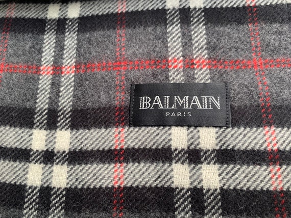 BALMAIN Paris Wool Cashmere Scarf Shawl Grey Chec… - image 3