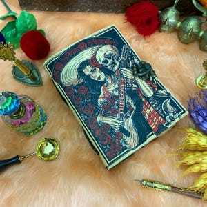 Book of Spells Grimoire Printed Journal The Lovers Tarot Notebook Spiral Gothic Notebook Skull lover Antique Journals gifts for men or women