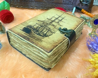 Sailing Ship Leather Journal: Vintage Grimoire, Deckle Edge Paper
