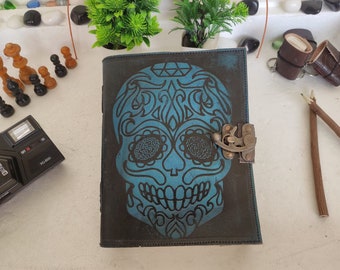 Blue and black Skull embossed leather journal. Customization available, white pages 240, Blank spell book. Gift for school children.