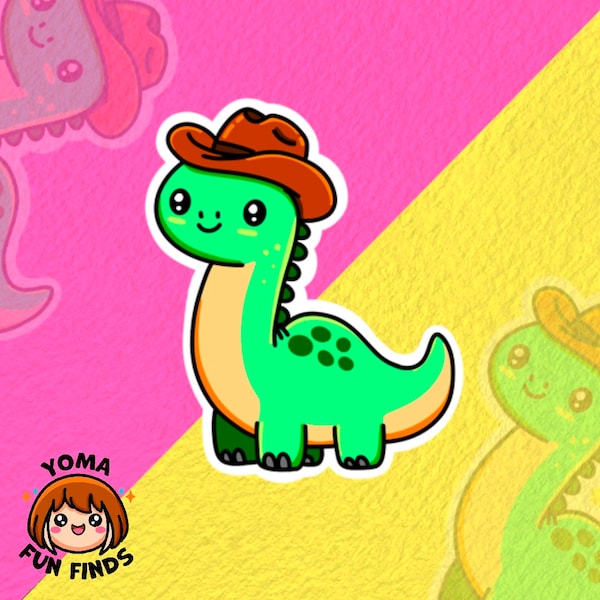 Cowboy-Hatted Dinosaur Sticker, Amusing Dino Cowboy Decal, Cute and Funny Waterproof Sticker, Adorable Kawaii Dinosaur, Durable Sticker