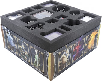May include: A black foam insert with compartments for storing game pieces and cards. The insert is in a brown box with illustrations of characters and monsters. The box has the text "The Adventure Begins" printed on it.