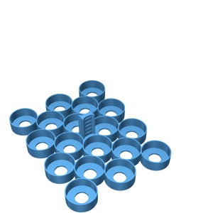 Könnte beinhalten: Ein blauer Plastik-Organizer mit 17 runden Fächern. Der Organizer ist für die Aufbewahrung von kleinen Gegenständen wie Knöpfen, Perlen oder anderen Bastelartikeln konzipiert.