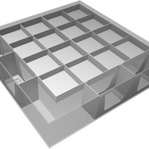 May include: A 3D model of a room divided into 18 square sections, with two doorways on the sides.