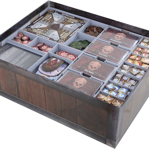 May include: A clear plastic organiser box with compartments for storing board game components. The box has a wood-grain design and contains various game pieces, cards, and tokens.
