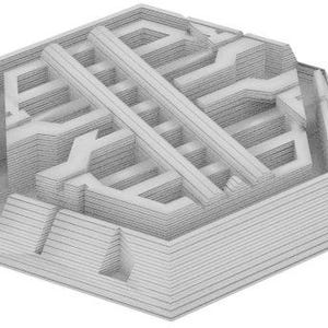 Könnte beinhalten: Eine weiße, geometrische, sechseckige Struktur mit einem geschichteten, komplizierten Design. Die Struktur scheint aus gestapelten, dünnen, rechteckigen Teilen zu bestehen.