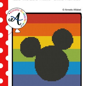 May include: A crochet pattern for a C2C mouse head graphghan. The pattern features a rainbow color scheme with a black silhouette of Mickey Mouse's head.